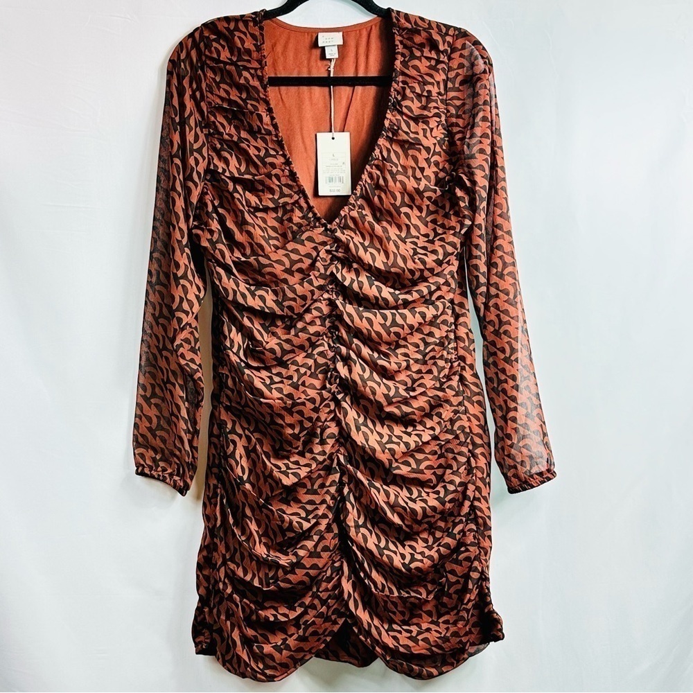 NWT A New Day Women’s Sz Large Brown & Black Geo Print Ruched Lightweight Dress